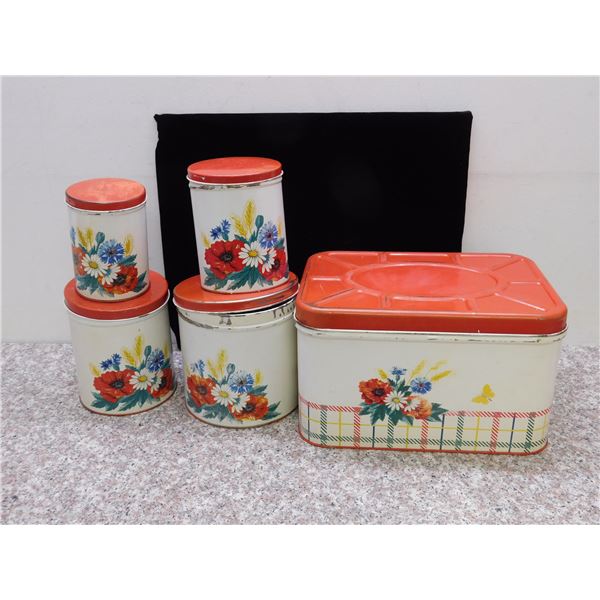 Vintage Canister Set and Bread Box Red Floral Design Flour Sugar Coffee Tea Stacking Tins