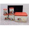Image 1 : Vintage Canister Set and Bread Box Red Floral Design Flour Sugar Coffee Tea Stacking Tins