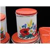 Image 2 : Vintage Canister Set and Bread Box Red Floral Design Flour Sugar Coffee Tea Stacking Tins
