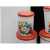 Image 3 : Vintage Canister Set and Bread Box Red Floral Design Flour Sugar Coffee Tea Stacking Tins