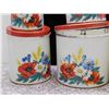 Image 4 : Vintage Canister Set and Bread Box Red Floral Design Flour Sugar Coffee Tea Stacking Tins