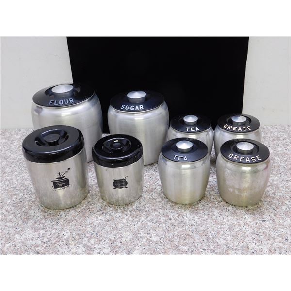 Lot of Kromex Stacking Canister Set x2 Grease, x2 Tea, Sugar, Flour Spun Aluminum Westbend Coffee