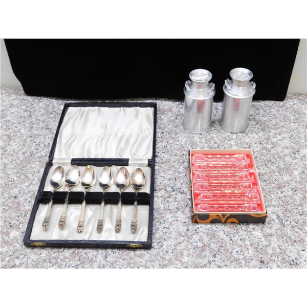 Lot of Rogers Spoon Rests, Dessert Spoons, Cream Can Salt and Pepper Shakers