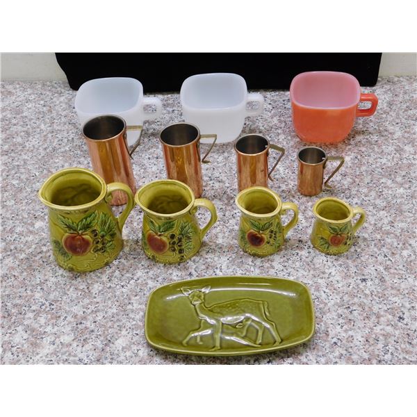 Poole England Deer Tray, Set of Brass Measuring Cups,  3 Glass Bake Mugs, Japan Pottery Measuring