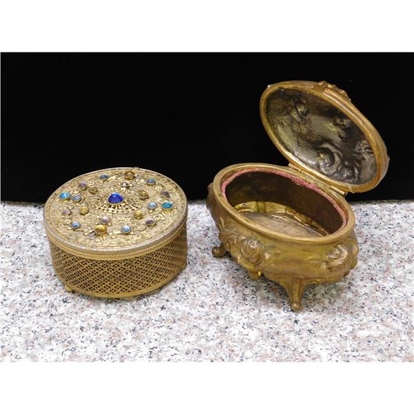 Lot of 2 Antique Metal Trinket Boxes  Globe 24k Gold Plated Glass Insert, Rose White Metal