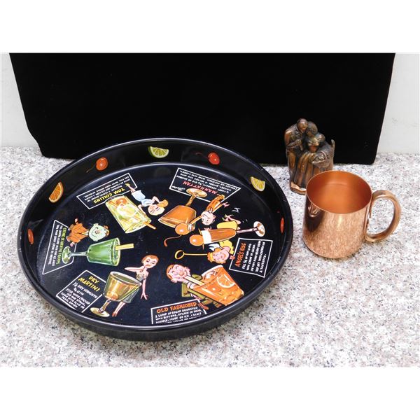 Lot of 3 Vintage Drink Recipe Tray Barware, Copper Mug Moscow Mule, Naughty Bride & Groom Figure