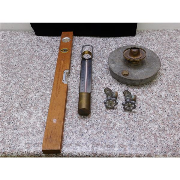 Lot of Palmer USA Brass Tube Thermometer, Bodmann Antique Wooden Level, Flat Metal Oil Lamp Base