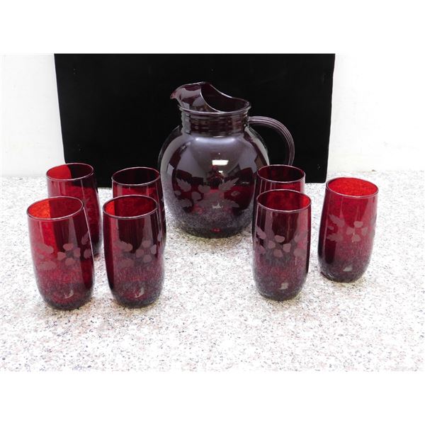 Juice Pitcher and 7 Glasses Red Etched Set