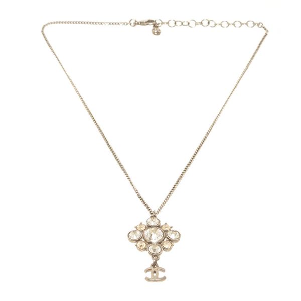 Chanel Silver-toned CC Flower Drop Necklace