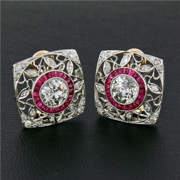 Antique Art Deco Platinum 3.57 ctw GIA European Diamond & Ruby Filigree Earrings
