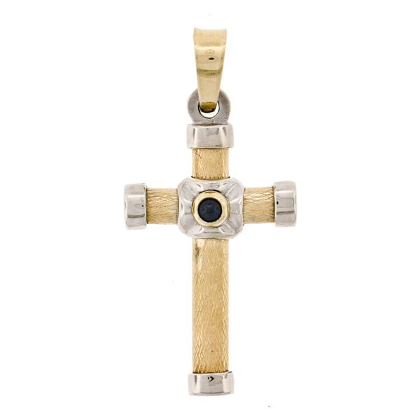 New Italian 14K Yellow Gold Round Cabochon Cut Black Onyx Textured Cross Pendant