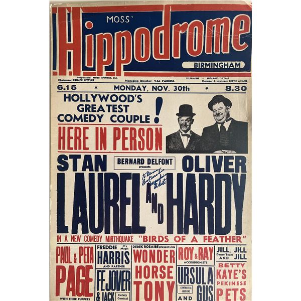Moss' Hippodrome Birmingham Laurel and Hardy  signed 1940s poster autographed by Jacqueline White