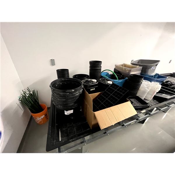 LARGE GROUP ASST TOTES, POTS, TRAYS, SEEDLING STARTER TRAYS, LIDS, MEASURING CUPS, ETC