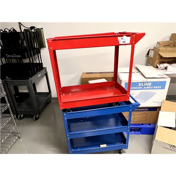 TWO U-LINE ROLLING CARTS. 30"X16"X30"H. ONE RED AND ONE BLUE