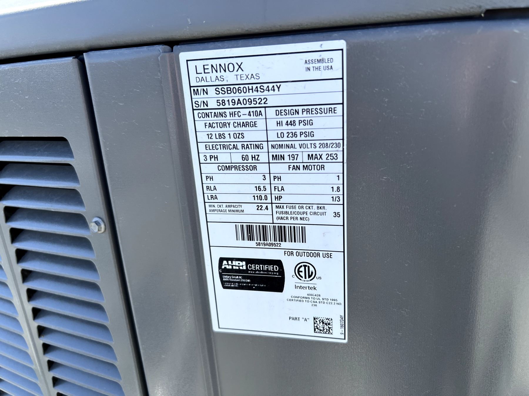 LENNOX 5 TON HEAT PUMP MODEL CBA27UHE060230601