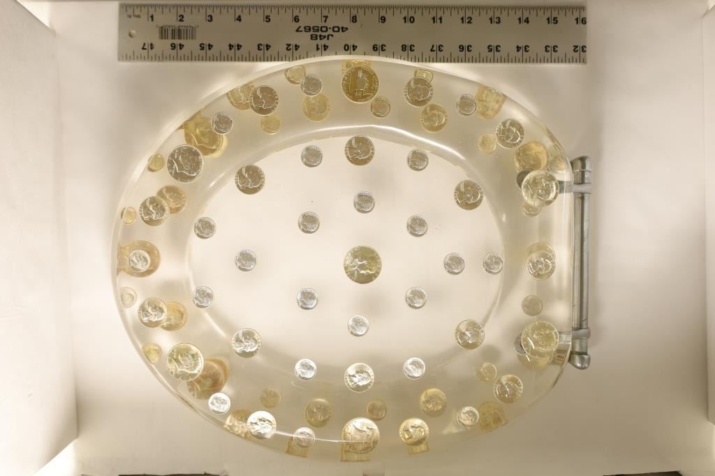 LUCITE COIN TOILET SEAT WITH SILVER COINS