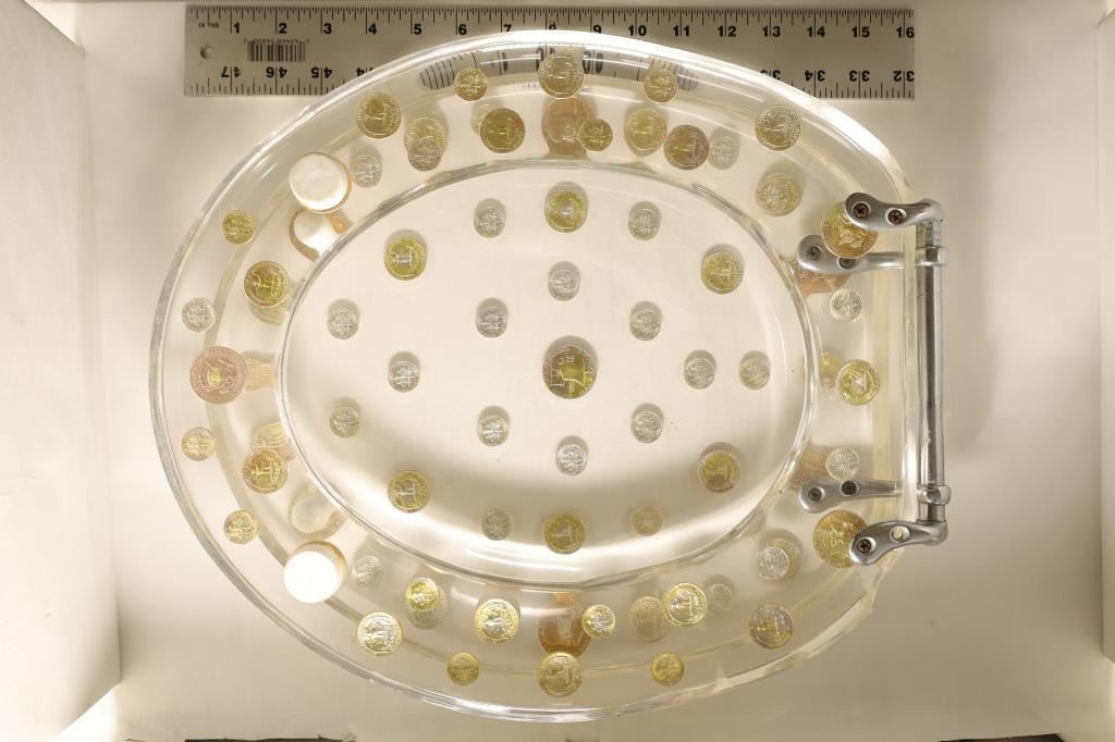 LUCITE COIN TOILET SEAT WITH SILVER COINS