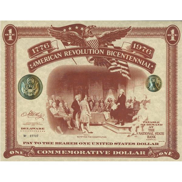 American Revolution Bicentennial Commemorative One Dollar Certificate - Delaware