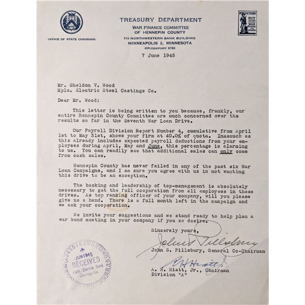 Minnesota Treasury Department John Sargent Pillsbury & A. H. Hiatt, Jr. signed letter