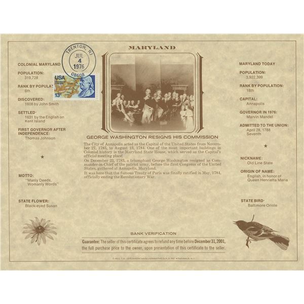 American Revolution Bicentennial Commemorative One Dollar Certificate/First Day Cover, Maryland
