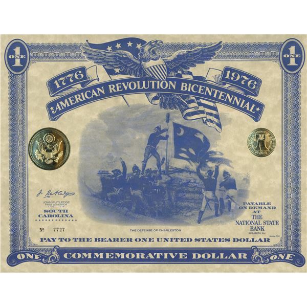 American Revolution Bicentennial Commemorative One Dollar Certificate, South Carolina and First Day 