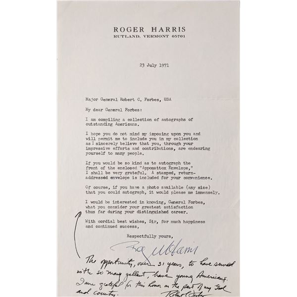 WW2 Military Robert C. Forbes & Roger Harris signed letter