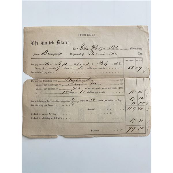 United States Civil War Payment Invoice