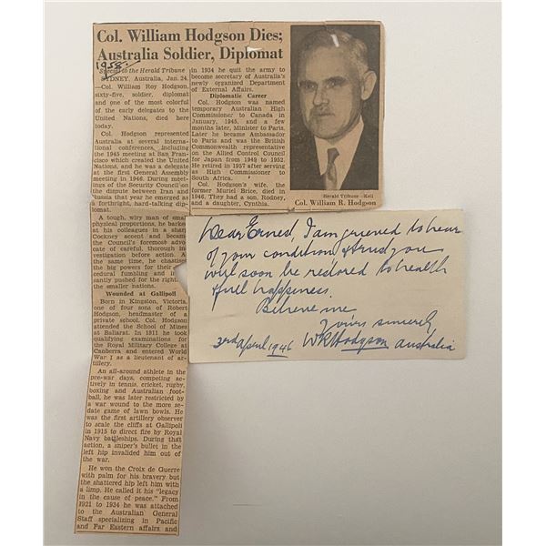 1946 Lt. Col. William R. Hodgson signed note with newspaper clipping