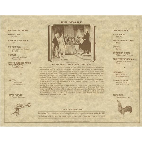 American Revolution Bicentennial Commemorative One Dollar Certificate, Delaware