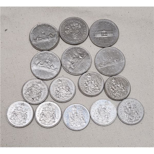 Lot of Six Canadian Nickel Dollar Coins and Nine Fifty Cent Pieces