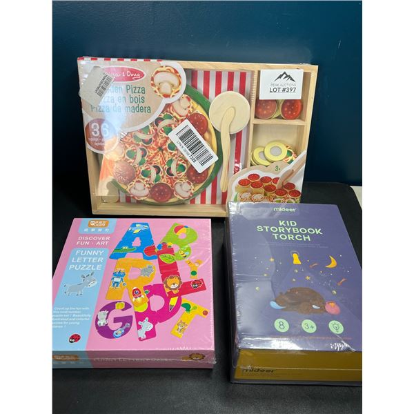 Lot of 3 Assorted Kids Toys - Melissa&Doug Pizza Set, Kids Storybook Torch, & Letter Puzzle