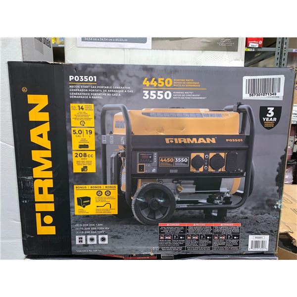 NEW IN BOX Firman P03501 - GAS PORTABLE GENERATOR 4450W RECOIL START 120V