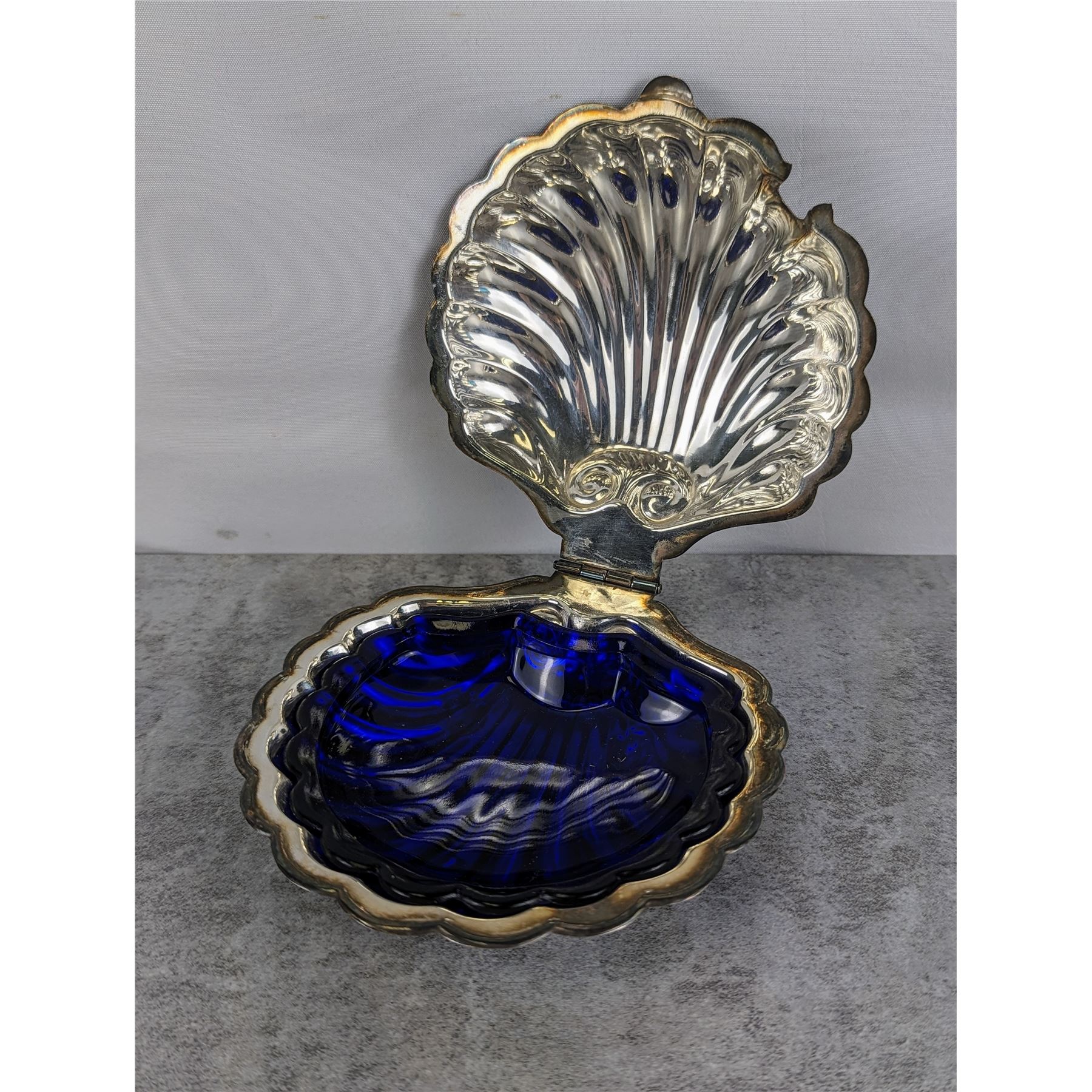 Silverplate Shell Vintage Silverplate Shell Condiment Dish with Blue Glass Insert