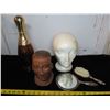 Image 1 : Manakin head, figure head, silver plated mirror & brush, + musical decanter - has some damage