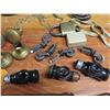 Image 2 : Antique large brass gas pump + Brass door knobs + Light socket adapters, lock, hangers, etc.