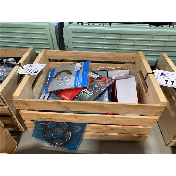 WOODEN BOX OF ASSORTED BIKE PARTS