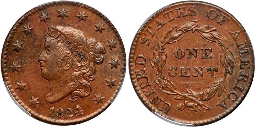 Four Over Two Sign 1824/2 N-1 R1 Overdate 4 over 2 PCGS graded AU55 - Early Cents Auctions