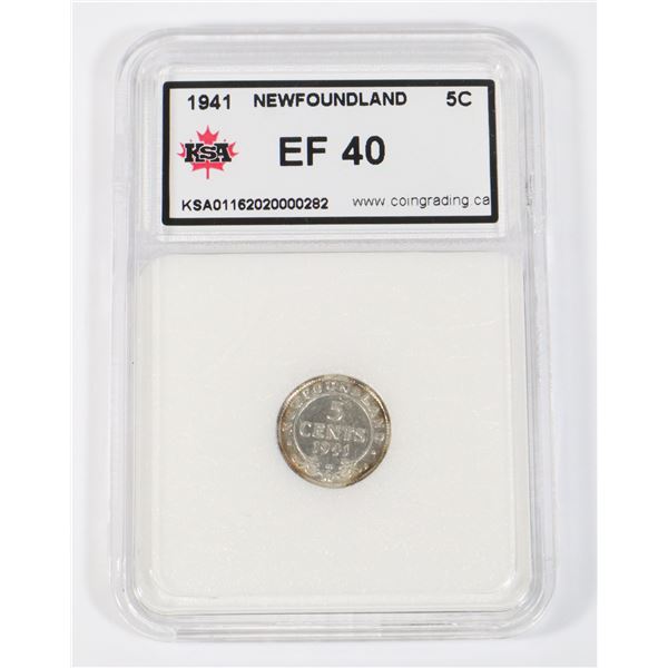 #51 1941 NEWFOUNDLAND 5 CENTS COIN GRADED EF40