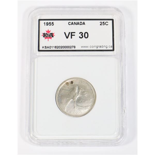 #52 1955 CANADA 25 CENTS QUARTER COIN GRADED VF30