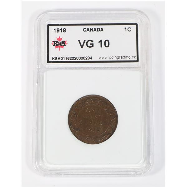 #56 1918 CANADA ONE CENT COIN GRADED VG10