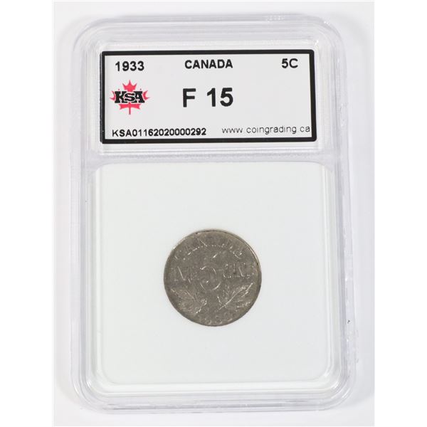 #57 1933 CANADA FIVE CENT COIN GRADED F15