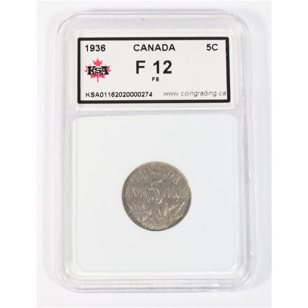 #58 1936 CANADA FIVE CENT COIN GRADED F12