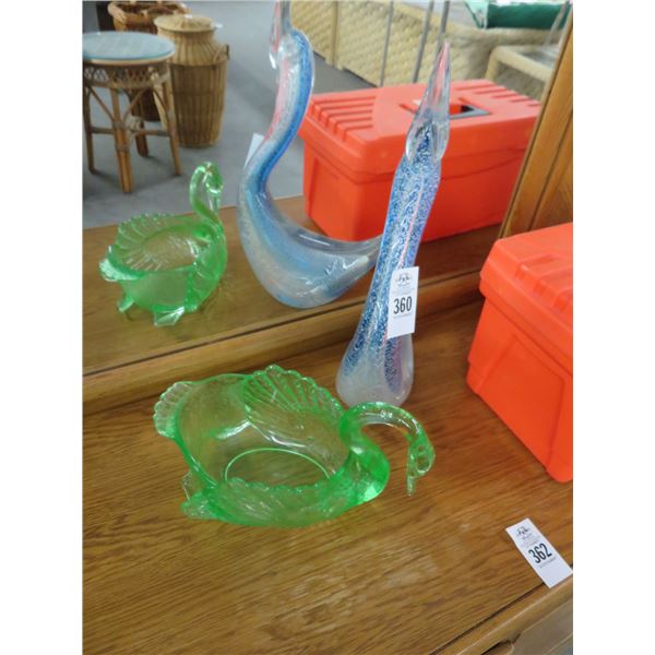 Uranium Glass and Art Glass Swans (2)