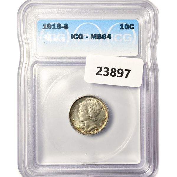 1918-S Mercury Silver Dime ICG MS64