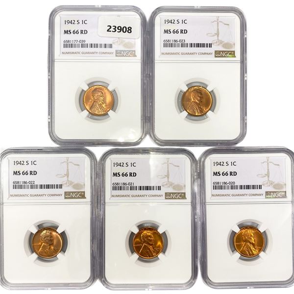 1942-S Set (5) Wheat Cent NGC MS66 RD