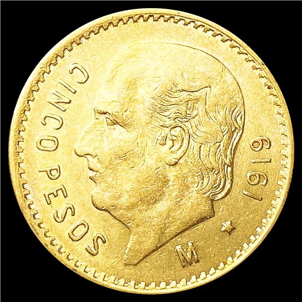 1919 Mexico .1206oz Gold 5 Pesos CLOSELY UNCIRCULA