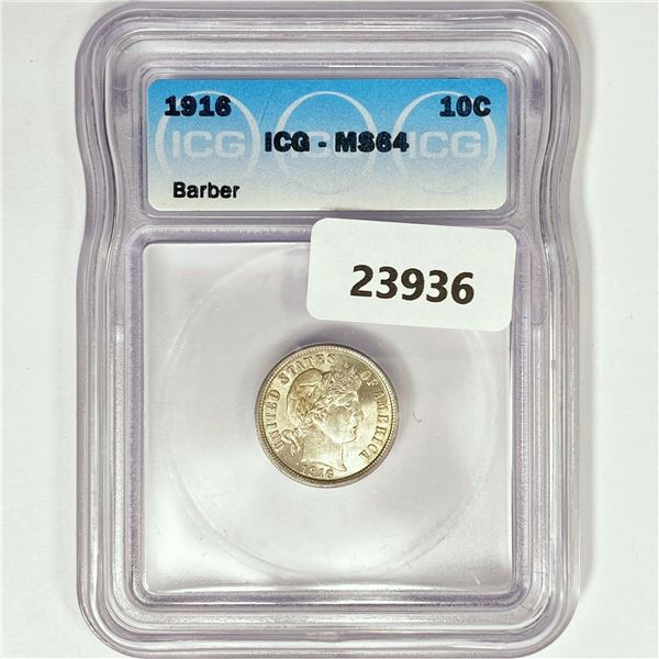 1916 Barber Dime ICG MS64