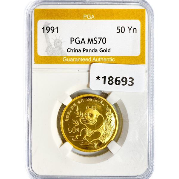 1991-P 50Yn 1/2oz China Gold Panda PGA MS70 DCAM