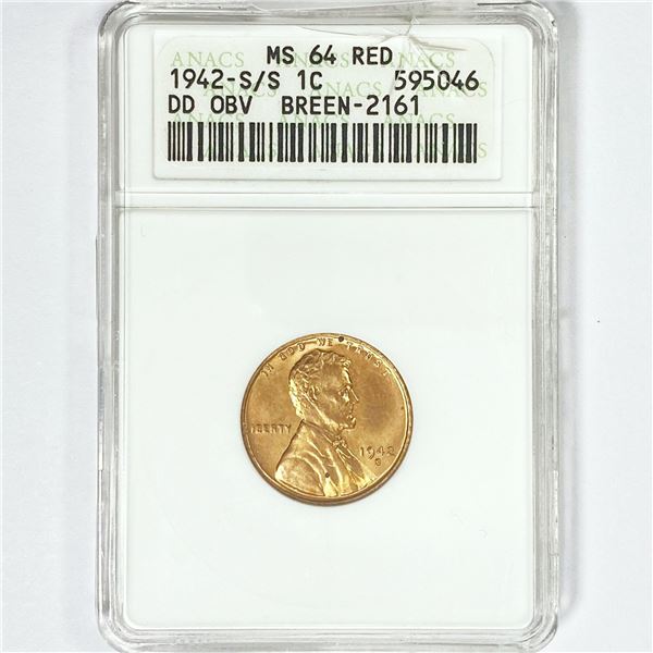 1942-S/S Wheat Cent ANACS MS64 RED DD OBV