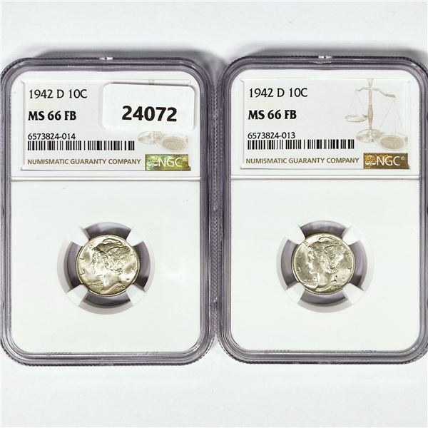 1942-D Set (2) Mercury Silver Dime NGC MS66 FB